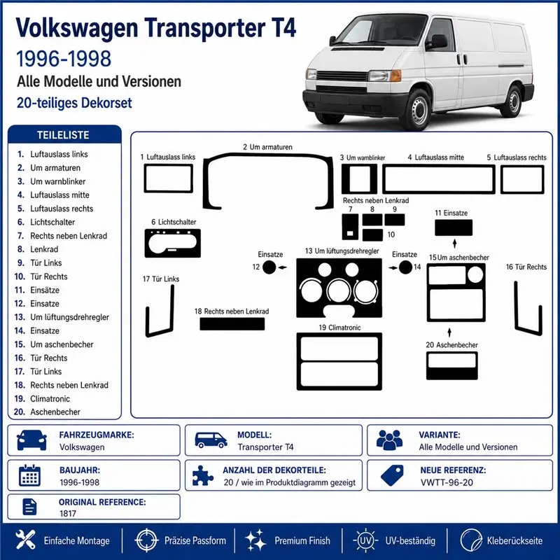 Volkswagen Transporter T4 1996-1998 3D dashboard trim kit, 20 parts