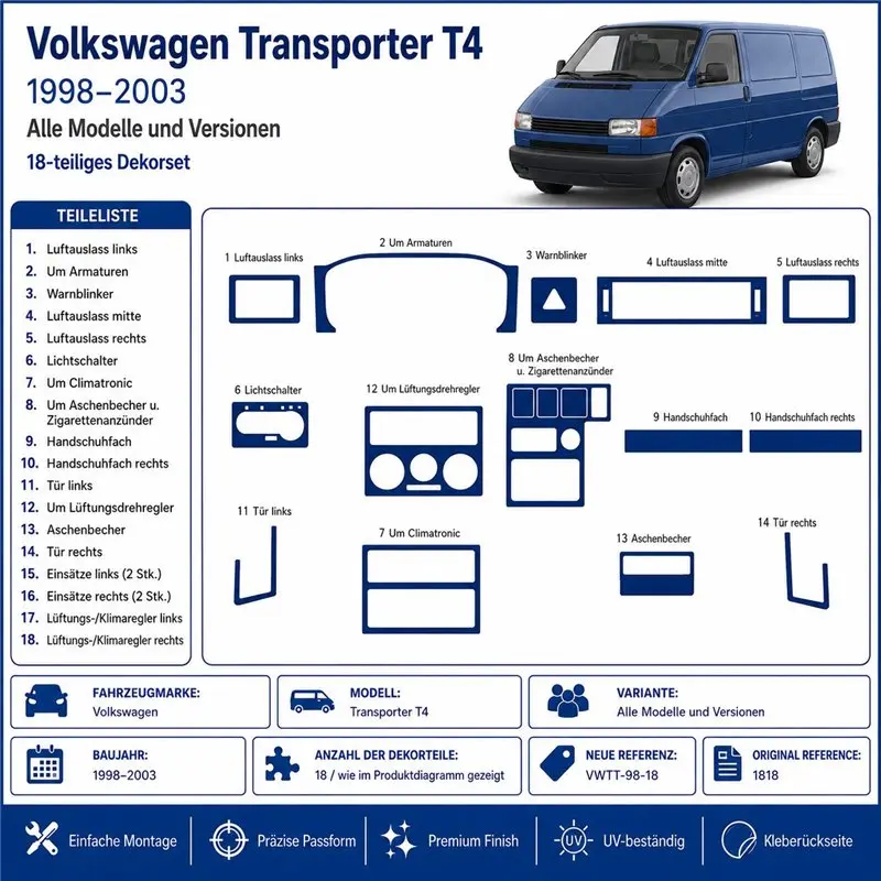 Volkswagen Transporter T4 1998-2003 3D Armaturenbrett-Dekor-Set, 18 Teile
