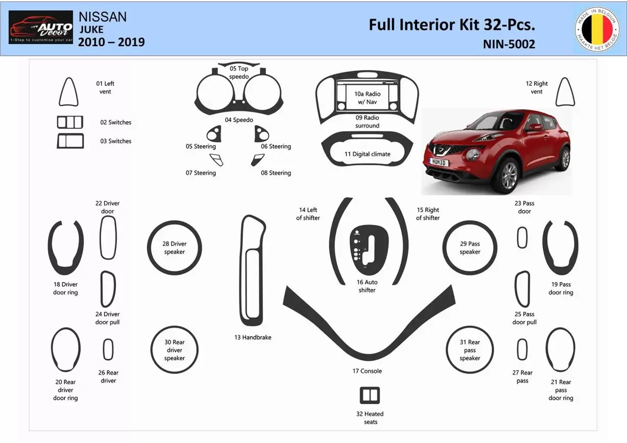 Nissan Juke 2011-2017 3D Kit rivestimento interno cruscotto Dash Trim Dekor 32-Parti