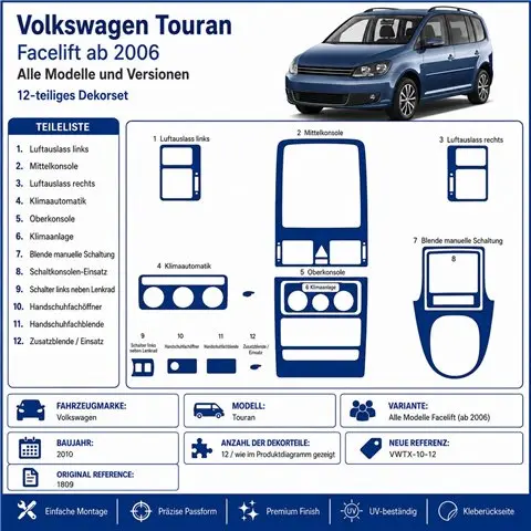 Volkswagen Touran 2010 3D Armaturenbrett-Dekor-Set, 12 Teile