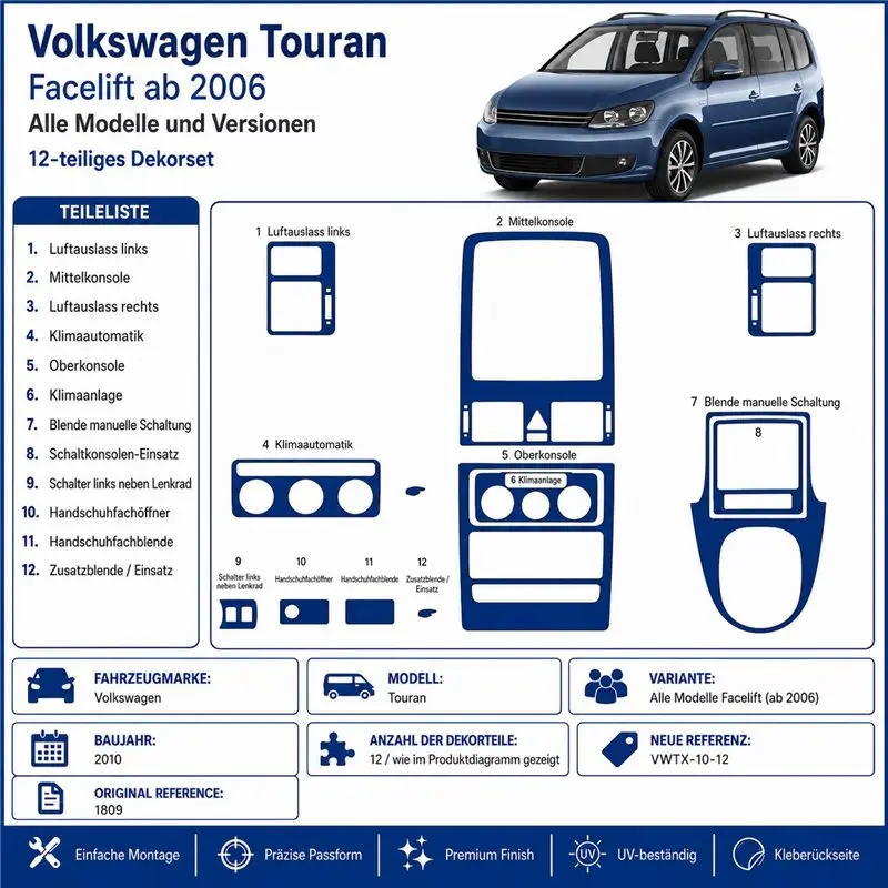 Volkswagen Touran 2010 3D Armaturenbrett-Dekor-Set, 12 Teile