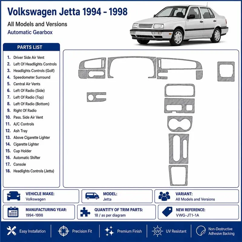 Volkswagen Jetta 1994-1998 Automatikgetriebe 3D Armaturenbrett-Dekor-Set, 18 Teile
