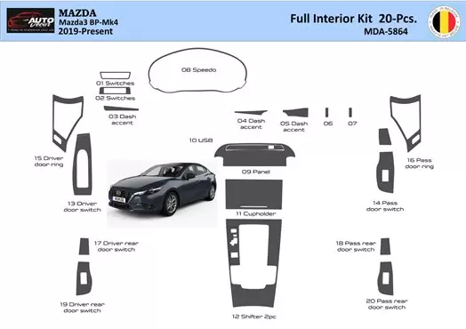 Mazda 3 2019-Actualidad Interior WHZ Kit embellecedores salpicadero 20 Piezas