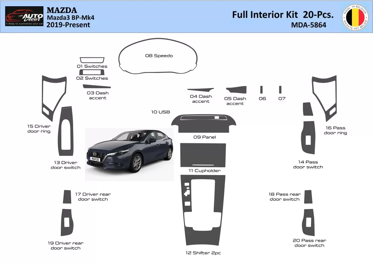 Mazda 3 2019-Present Interior WHZ Dashboard trim kit 20 Parts