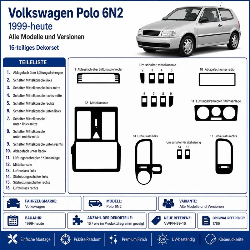 Volkswagen Polo 6N2 1999+-08 01 3D Armaturenbrett-Dekor-Set, 16 Teile