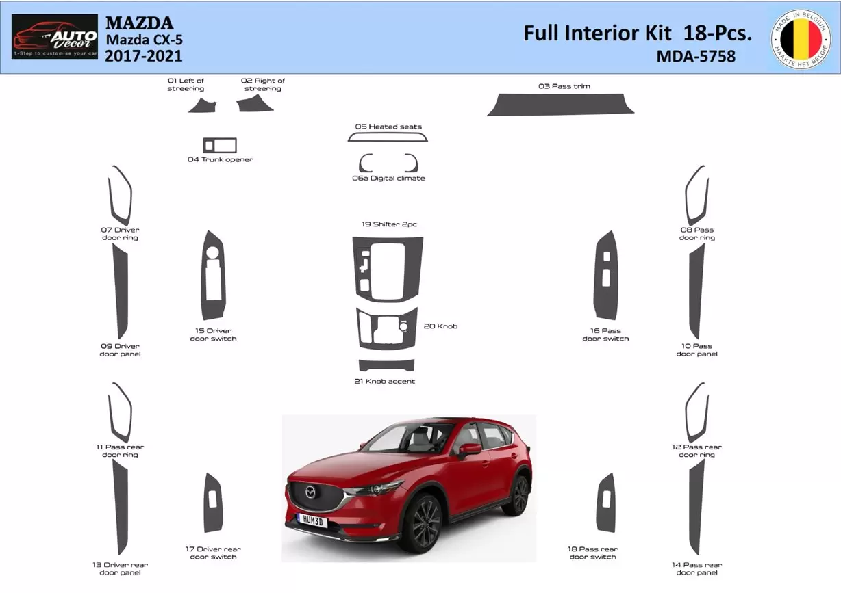 Mazda CX-5 2017-2021 Interior WHZ Kit de molduras de tablero 18 piezas