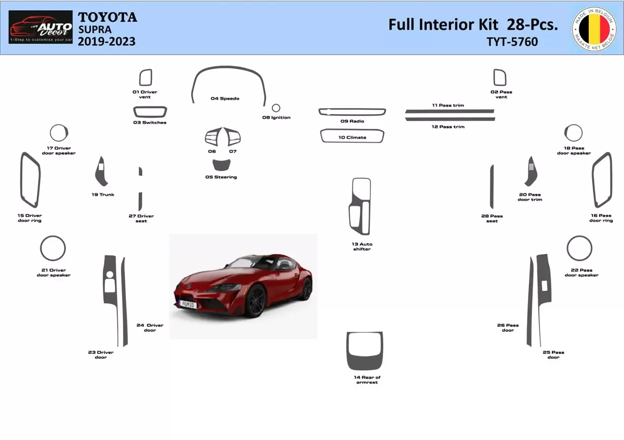 Toyota Supra 2019-2023 Caja de cambios manual o engranaje automático Interior WHZ Dash Trim Kit 28 piezas