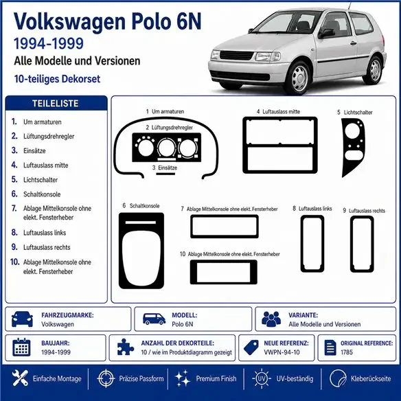 Volkswagen Polo 6N 1994-1999 3D dashboard trim kit, 10 parts