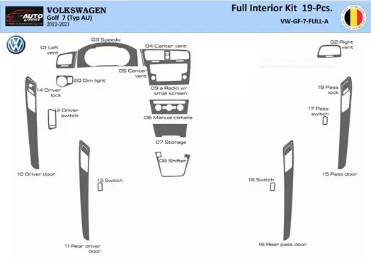 Volkswagen Golf VII AU 2012–2021 Inlegdashboard Interieurset aansluitend en pasgemaakt op he 19A-Parts