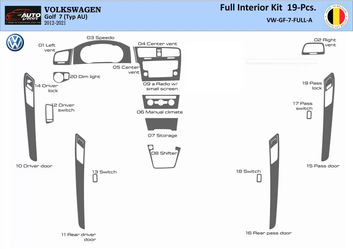 Volkswagen Golf VII AU 2012–2021 3D Kit rivestimento interno cruscotto Dash Trim Dekor 19A-Parts