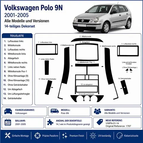 Volkswagen Polo 9N 2001-2005 kit décor tableau de bord 3D, 14 pièces 2