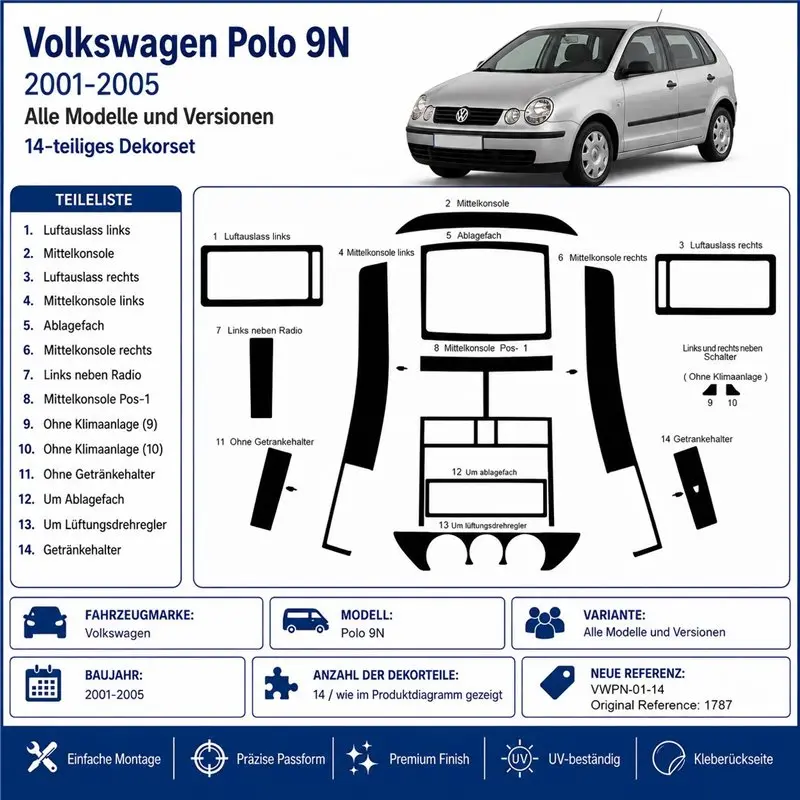 Volkswagen Polo 9N 2001-2005 3D Armaturenbrett-Dekor-Set, 14 Teile
