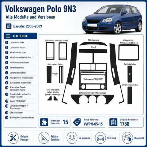Volkswagen Polo 9N3 2005-2009 3D dashboard trim kit, 15 parts 2
