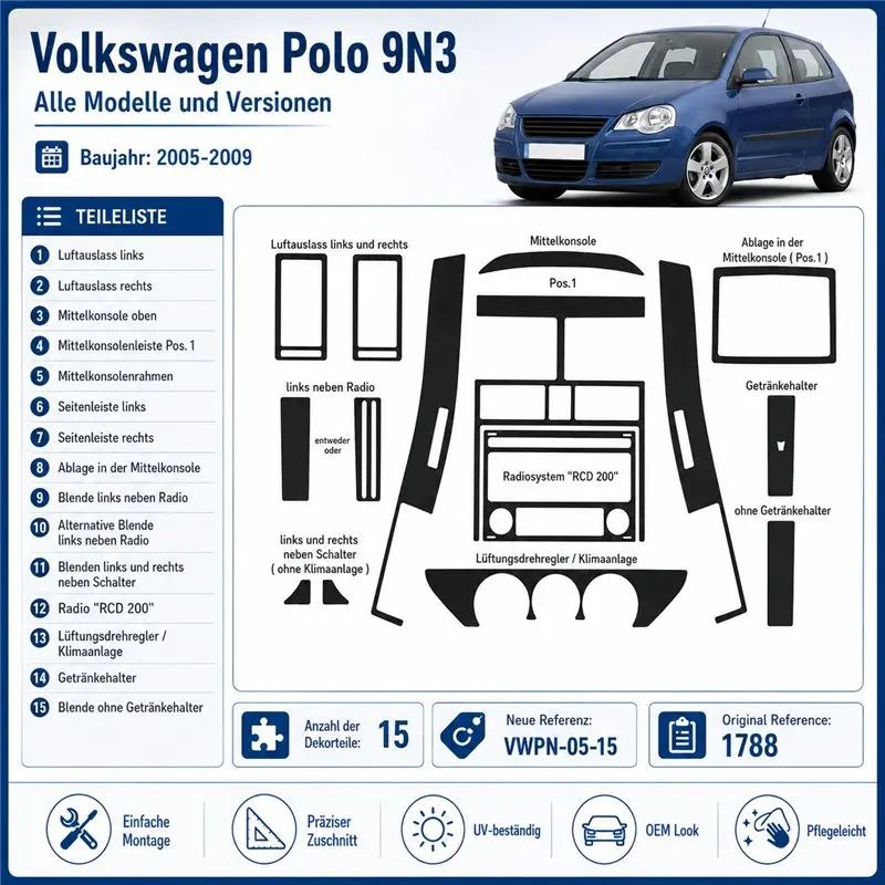 Volkswagen Polo 9N3 2005-2009 3D dashboard sierlijstset, 15 delen