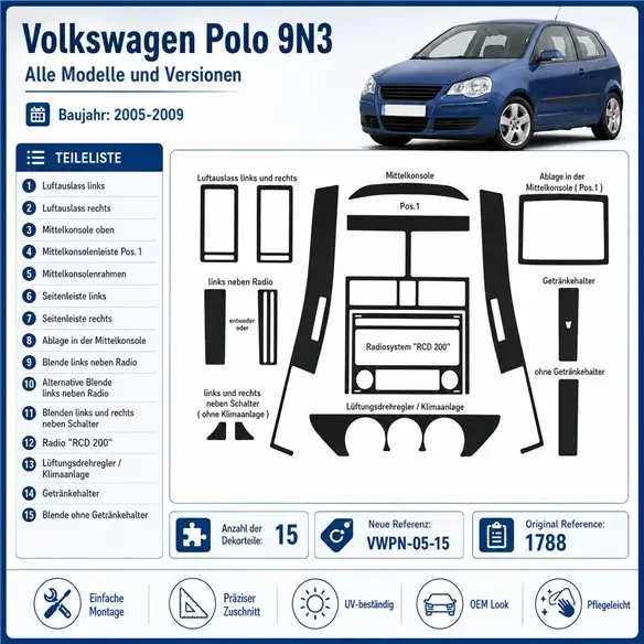 Volkswagen Polo 9N3 2005-2009 kit salpicadero 3D, 15 piezas