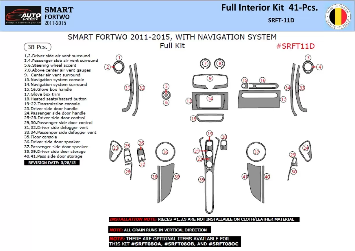 Smart Fortwo 451 2011-2015 3D Interior Dashboard Trim Kit Dash Trim Dekor 41-Parts