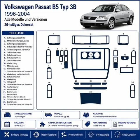 Volkswagen Passat B5 Typ 3B 1996-2004 kit décor tableau de bord 3D, 26 pièces 2