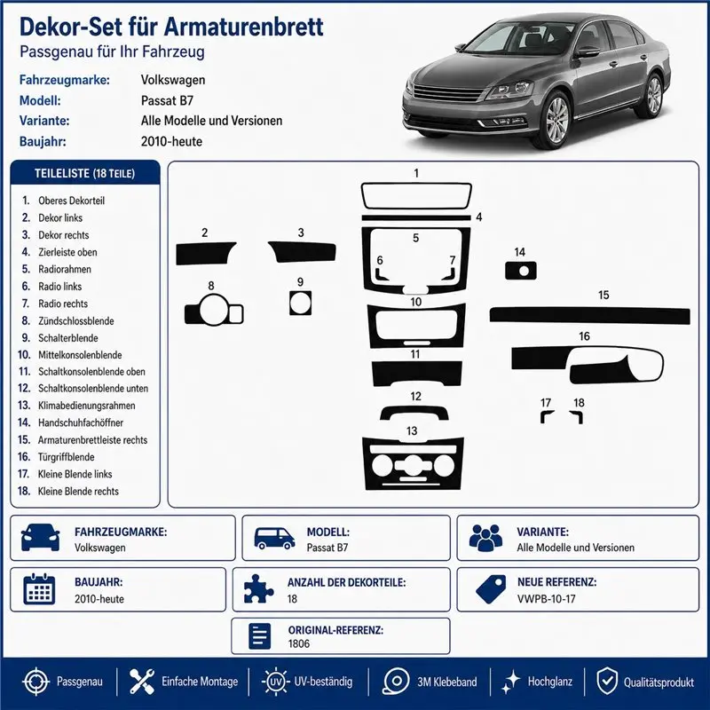Volkswagen Passat B7 2010+ 3D Armaturenbrett-Dekor-Set, 17 Teile