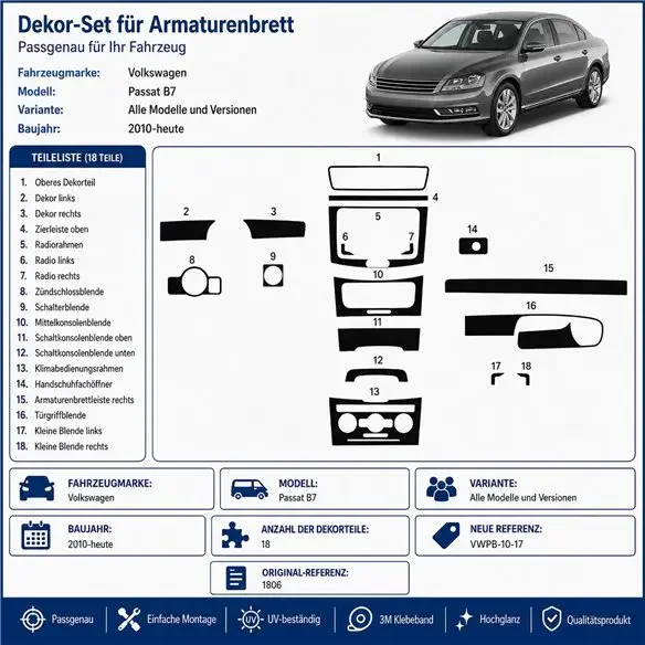 Volkswagen Passat B7 2010+ 3D dashboard sierlijstset, 17 delen