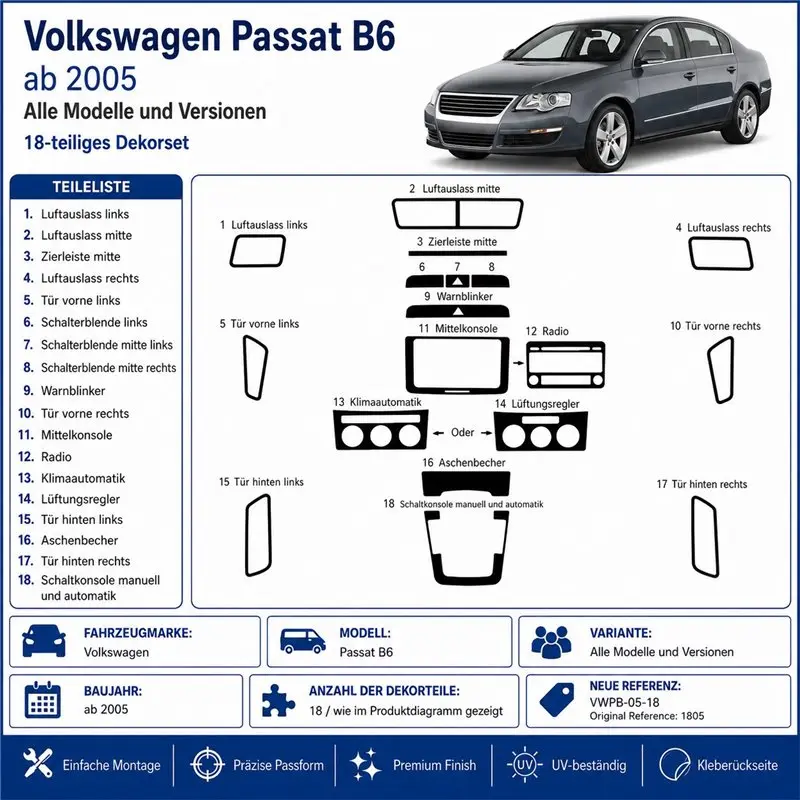 Volkswagen Passat B6 2005+ 2010+ 3D Armaturenbrett-Dekor-Set, 18 Teile