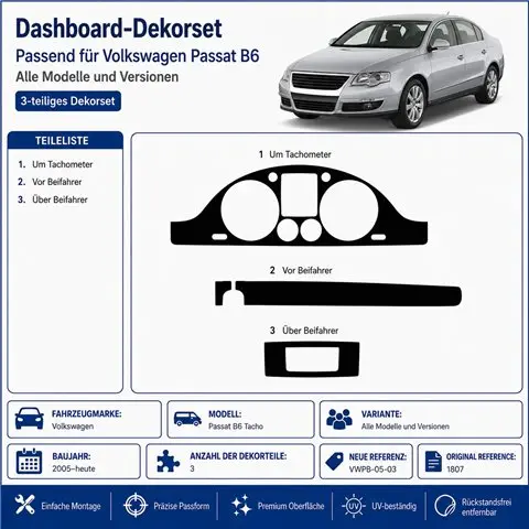 Volkswagen Passat B6 Tacho 2005+ 2010+ 3D dashboard trim kit, 3 parts 2