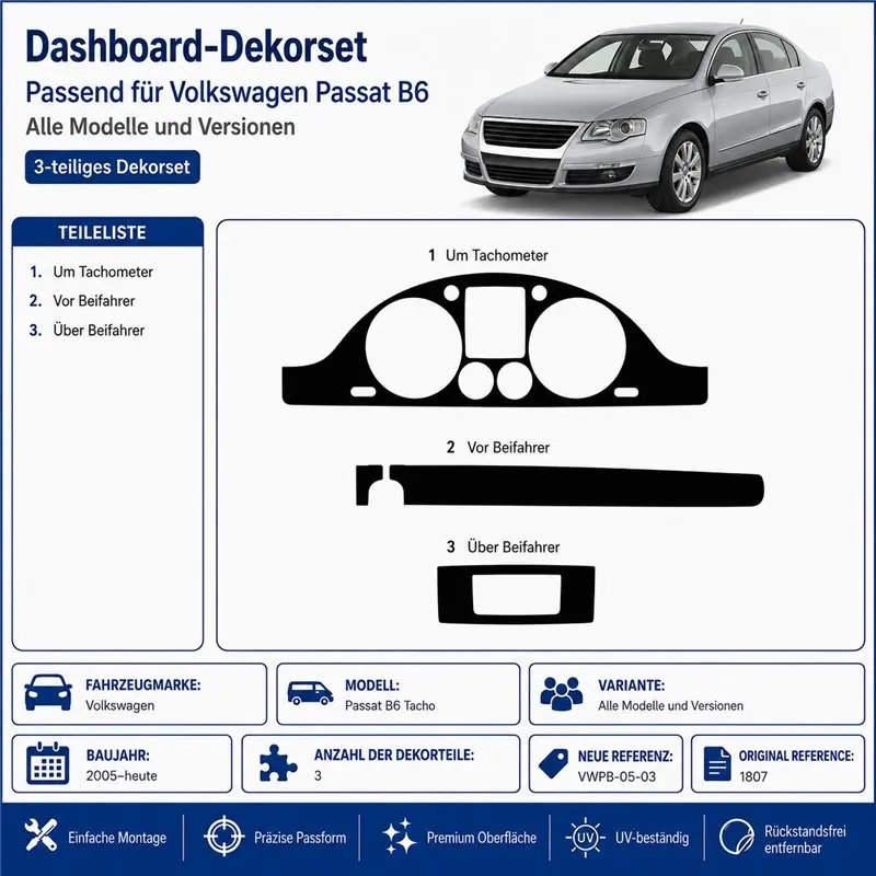 Volkswagen Passat B6 Tacho 2005+ 2010+ kit salpicadero 3D, 3 piezas