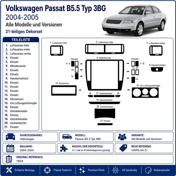 Volkswagen Passat B5.5 Typ 3BG 2004-2005 3D dashboard sierlijstset, 21 delen