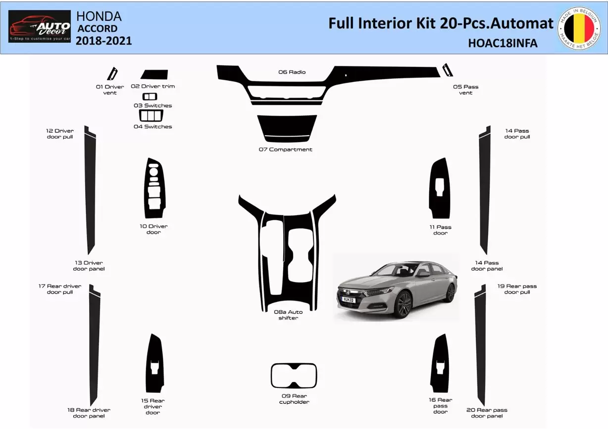 Honda Accord 2018-2022 Kit de molduras de tablero WHZ interior automático 20 piezas