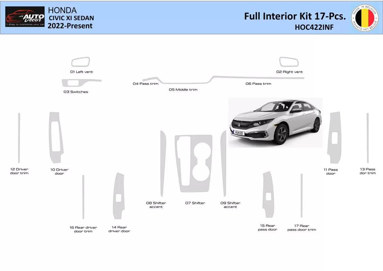 Honda Civic XI 2022-2024 Interieur WHZ Dashboardafwerkingsset 17 onderdelen