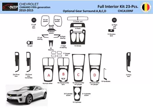 Chevrolet Camaro 2010-2015 Intérieur WHZ Kit de garniture de tableau de bord 23 pièces