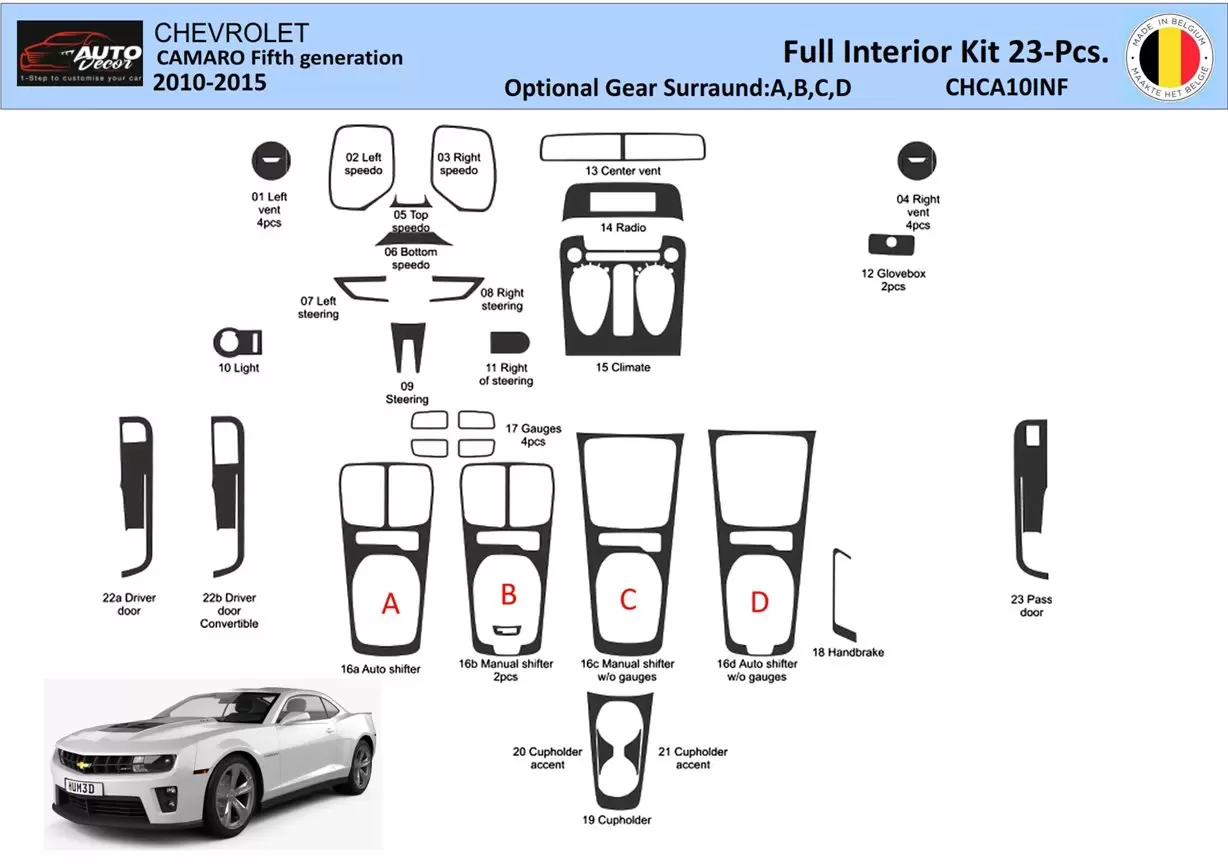 Chevrolet Camaro 2010-2015 Interior WHZ Kit de molduras de tablero 23 piezas