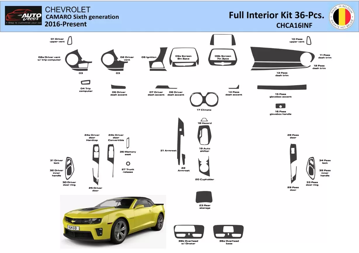 Chevrolet Camaro 2016-2024 Intérieur WHZ Kit de garniture de tableau de bord 36 pièces