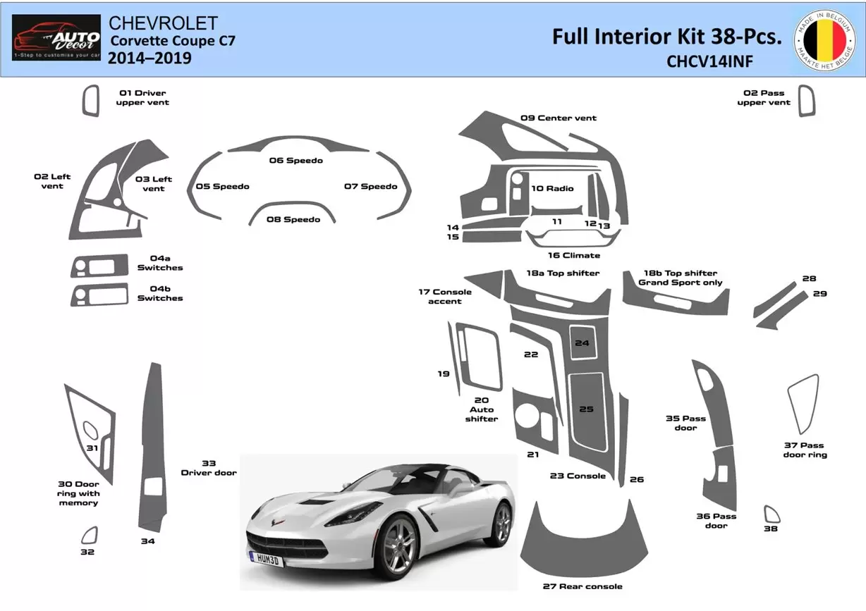 Chevrolet Corvette Coupe 2014-2020 Interior WHZ Dashboard trim kit 38 Parts