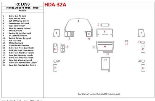 Honda Accord 1986-1989 Full Set BD Interieur Dashboard Bekleding Volhouder