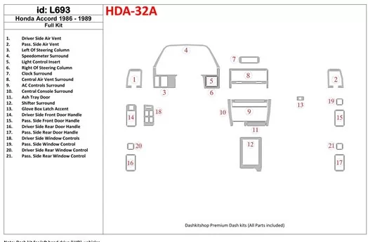 Honda Accord 1986-1989 Full Set Cruscotto BD Rivestimenti interni