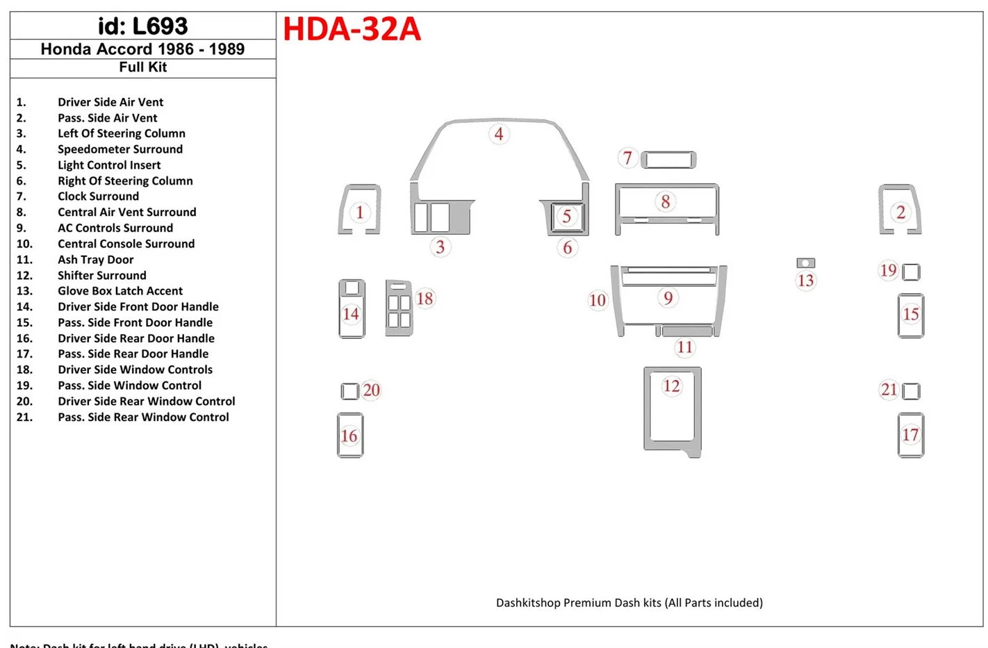 Honda Accord 1986-1989 Full Set Cruscotto BD Rivestimenti interni