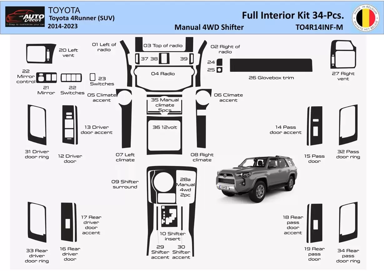 Toyota 4Runner 2014-2023 Kit de molduras de tablero WHZ interior completo 34 piezas