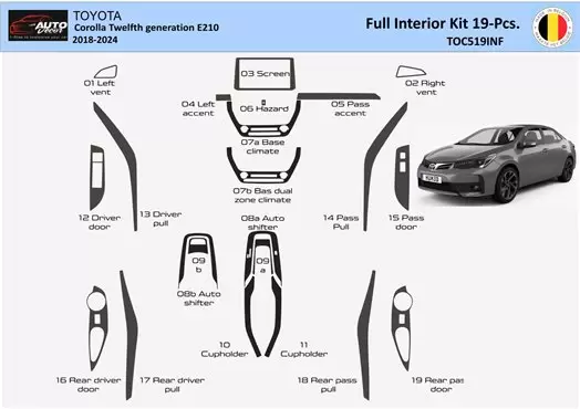 Toyota Corolla (Hatchback) 2019-2023 Interior WHZ Kit de molduras de tablero 19 piezas