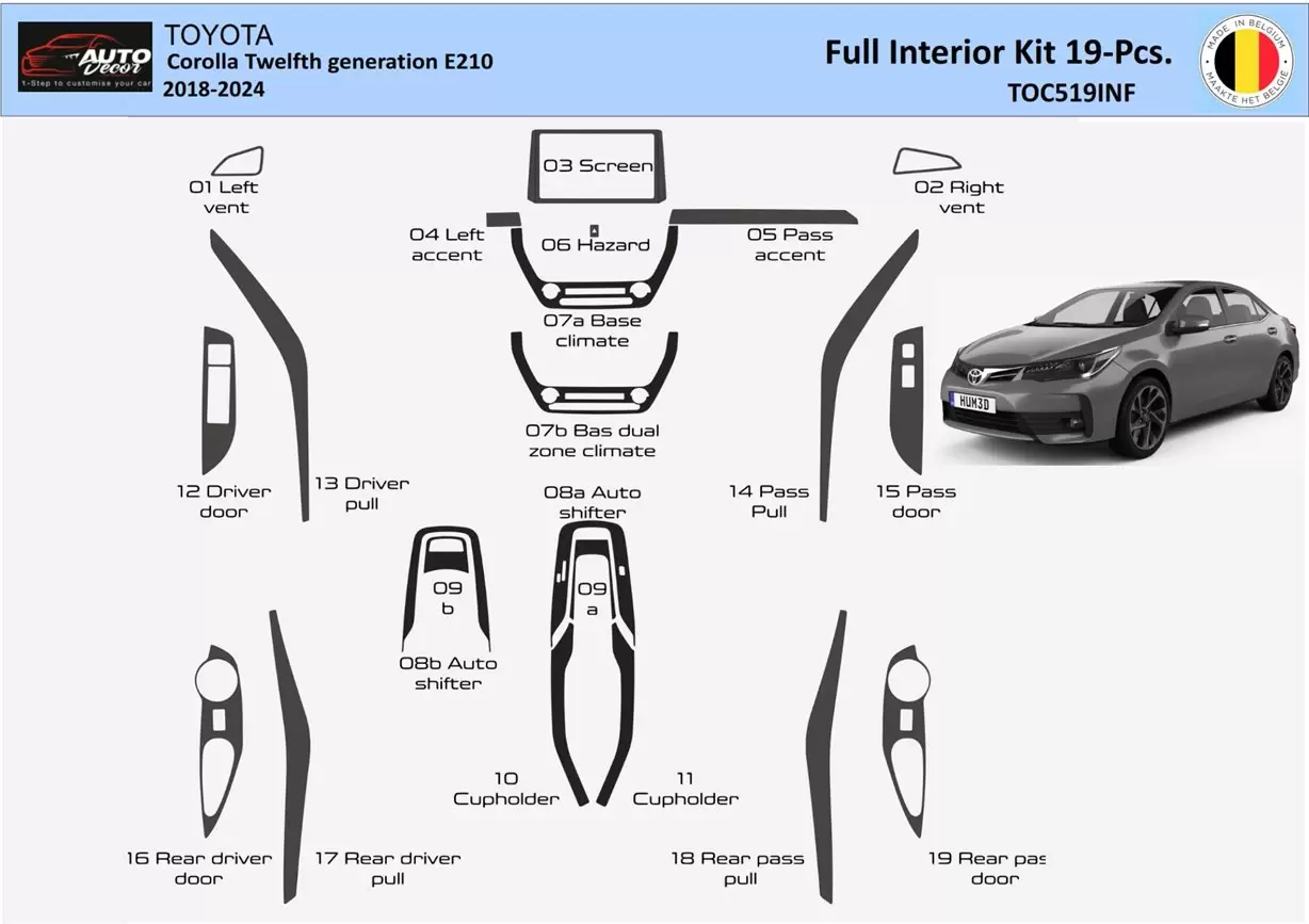 Toyota Corolla (Hatchback) 2019-2023 Intérieur WHZ Kit de garniture de tableau de bord 19 pièces