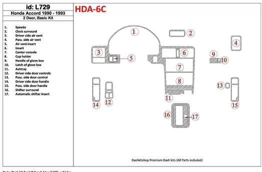 Honda Accord 1990-1993 2 Doors, Basic Set, 17 Parts set Decor de carlinga su interior