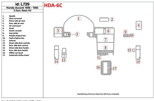 Honda Accord 1990-1993 2 Doors, Basic Set, 17 Parts set Interior BD Dash Trim Kit