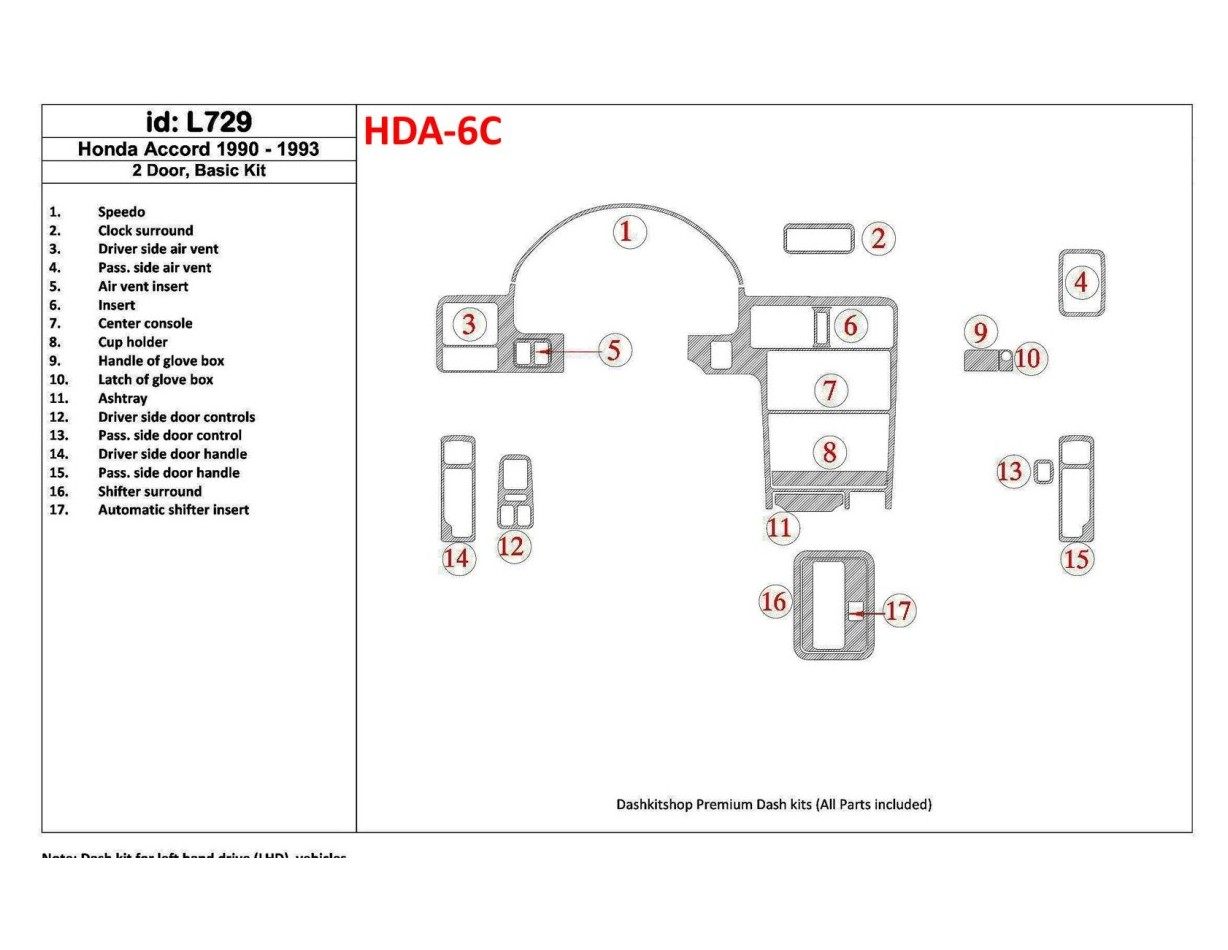 Honda Accord 1990-1993 2 Des portes, Paquet de base, 17 Parts set BD Kit la décoration du tableau de bord - 1 - habillage decor 