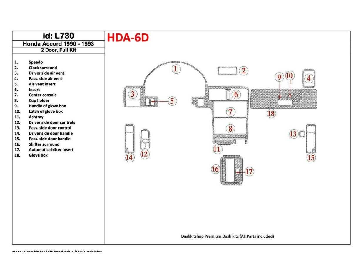 Honda Accord 1990-1993 2 Doors, Full Set, 18 Parts set Interior BD Dash Trim Kit