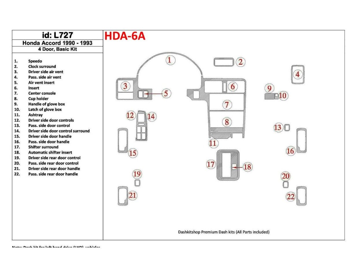Honda Accord 1990-1993 4 Doors, Basic Set, 22 Parts set Interior BD Dash Trim Kit