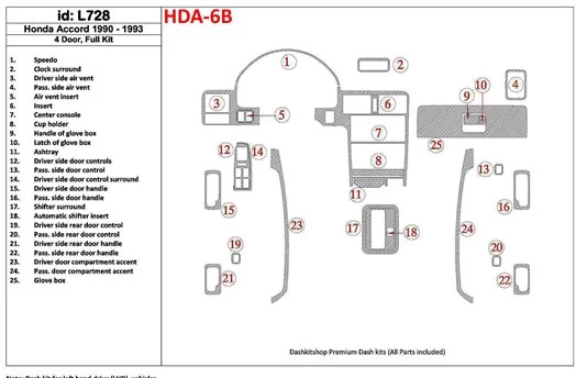 Honda Accord 1990-1993 4 Doors, Full Set, 25 Parts set Interior BD Dash Trim Kit