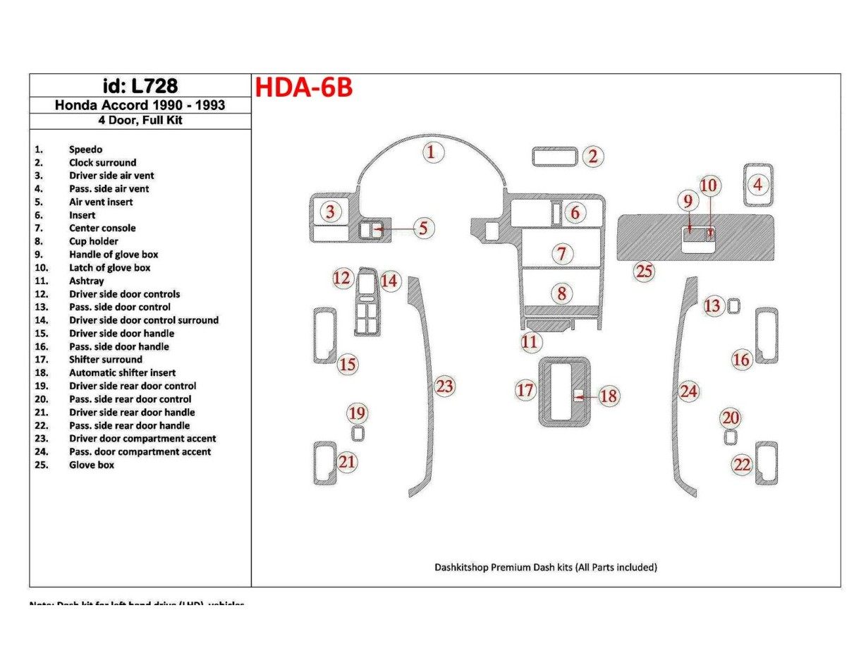 Honda Accord 1990-1993 4 Doors, Full Set, 25 Parts set Interior BD Dash Trim Kit