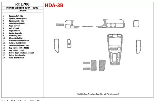 Honda Accord 1994-1997 2 Doors, Full Set, 18 Parts set Interior BD Dash Trim Kit