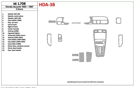 Honda Accord 1994-1997 2 Doors, Voll Satz, 18 Parts set BD innenausstattung armaturendekor cockpit dekor - 1- Cockpit Dekor Inne