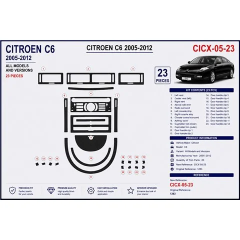 Citroen C6 2005-2012 3D dashboard sierlijstset, 23 delen 2