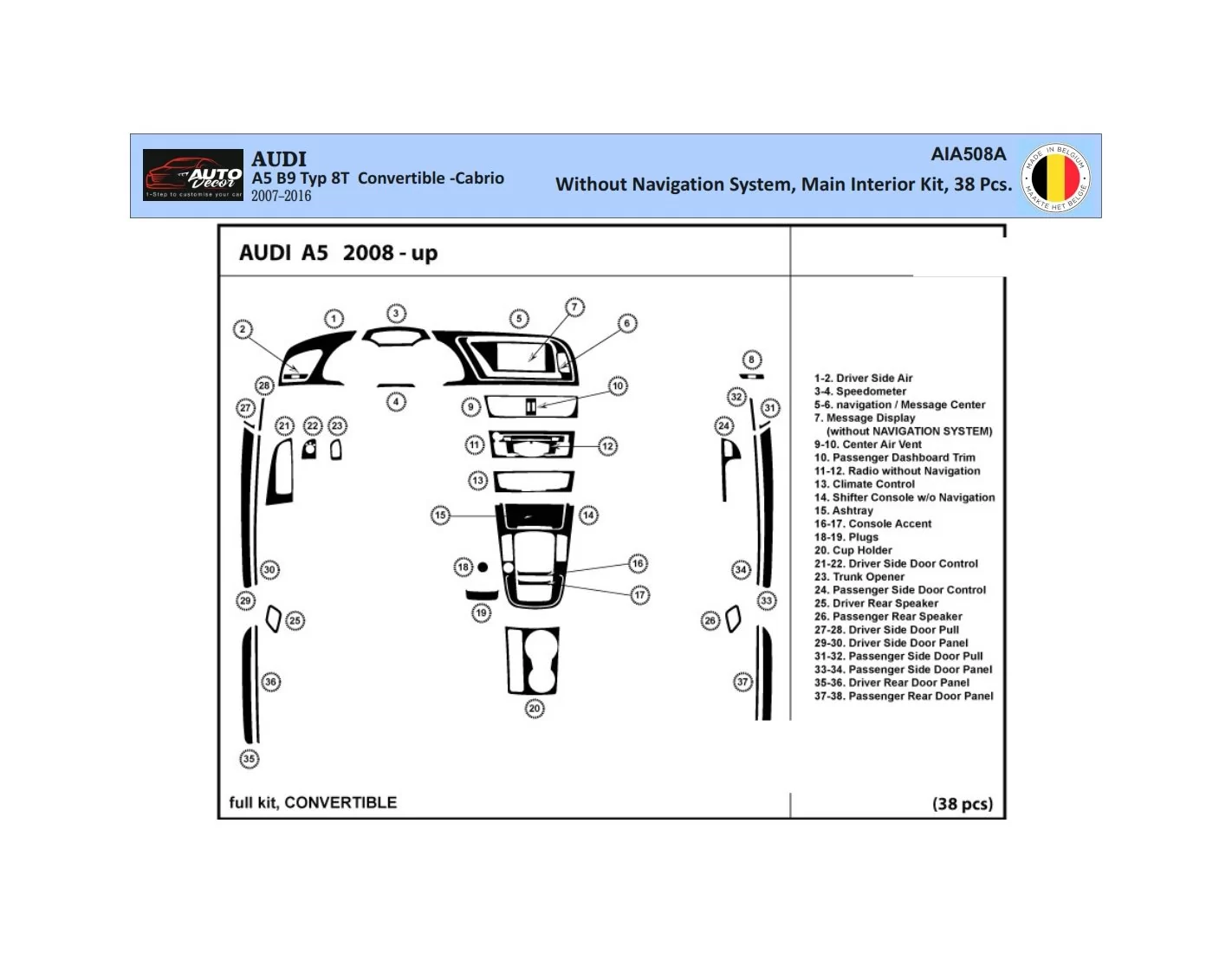 Audi A5 2008-2014 Hatchback 3D Interior Dashboard Trim Kit Dash Trim Dekor 42-Parts